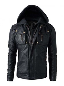 Mens Motorcycle Brando Style Biker Real Hooded Leather Hoodie Jacket - B8 - Picture 1 of 5
