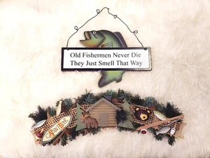 Lodge Bar Decor Wood Signs, Cabin Fever & Old Fisherman Never Die Sign, Man Cave - Picture 1 of 3