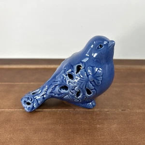 Blue Ceramic Bird Finch Perforated Figurine Cutouts Pottery Decor - Picture 1 of 6