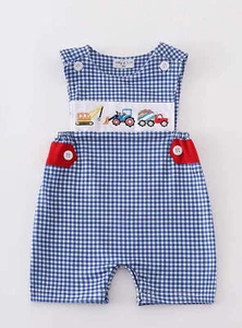 Boy's Boutique Blue Vehicle Truck Construction JonJon Romper Sibling Matching Su - Picture 1 of 10