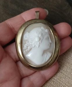 Antique 1800's Large Sterling Silver Carved Cameo Goddess Brooch Pin Pendant - Picture 1 of 14