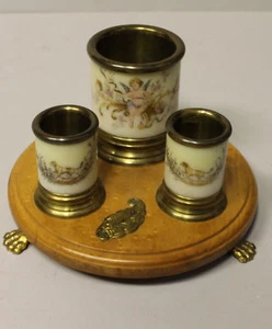 Antique Wave Crest Smoke Set Attached to Wooden Plateau Cherub Dog Designs - Picture 1 of 5