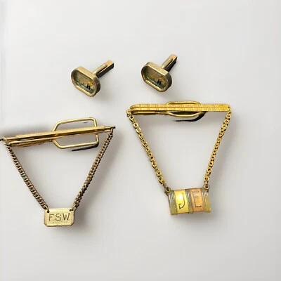 2 Vintage Gold Tone Tie Bars Clip 1 Pair Swank Colorful Fisherman Cufflinks Lot - Image 1 of 4