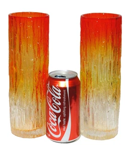 Pair Tajima Japan Glass Bark Vases, Uranium Orange Colour, Tall, 23.5 cm - Picture 1 of 11