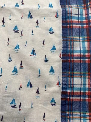 3 Pc Utica Full Sheet Set Cotton Percale Stevens Plaid Sailboats - Image 1 of 4