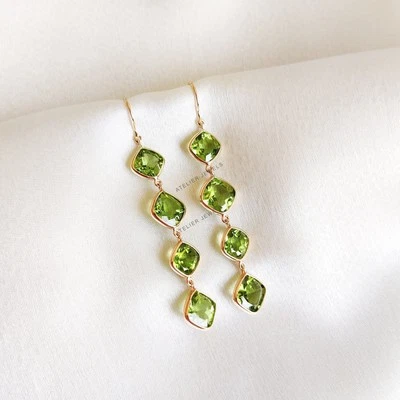 15.60Ct Natural Peridot Bezel Earrings 14K Gold August Birthstone Dainty Design - Image 1 of 4