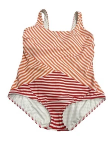 Lands' End 18 P One Piece Swimsuit Orange Red Striped Nautical Cruise Beach - Picture 1 of 4