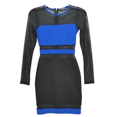 Miss Selfridge Dress Mini Bodycon Blue Black Mesh Panel Sleeves Size UK 4 - Image 1 of 4