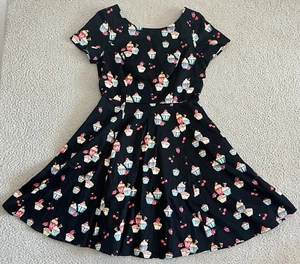 Eva Rose Attic Salt Cupcakes Dress XL Black Fit Flare Retro Colorful - Picture 1 of 23