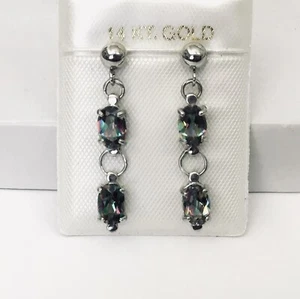 Solid 14K White Gold Rainbow Mystic Fire Topaz Gemstone Dangle Earrings NEW - Picture 1 of 8