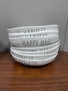 Rae Dunn Set of 8 White w/Black "Happy Harvest" Melamine Dinner Bowls 9" - Bild 1 von 2