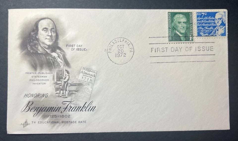 BENJAMIN FRANKLIN OCT 20 1972 PHILADELPHIA PA ARTCRAFT FIRST DAY COVER - Image 1 of 1