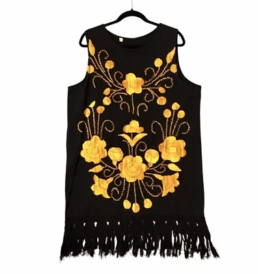 VTG Hand Embroidered Tunic Dress Fringe Hippie Black Goldenrod MCM Women’s Sz L - Image 1 of 4