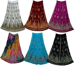 Indian Multi tie dye Yoga Women's Sequined Crinkle Broomstick Gypsy Long Skirt - Picture 1 of 28
