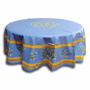 French Tablecloth Provencal Acrylic Coated Cotton Olive Blue 71 Inch Round - Picture 1 of 3