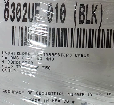 Cable de audio/altavoz/control de medios Belden Wire 6302UE 18/4C negro plenum/50 pies Foto 1 de 4