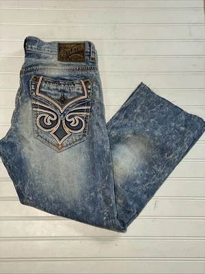 阅读 Affliction Blake 牛仔裤 32 码直筒蓝色刺绣 Y2K 翻盖口袋 — 第 1/4 张图片