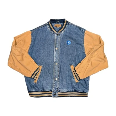 VINTAGE Denim Varsity Jacket Mens Size XL Blue Brown Bomber Cotton 90s Embroider - Image 1 of 4