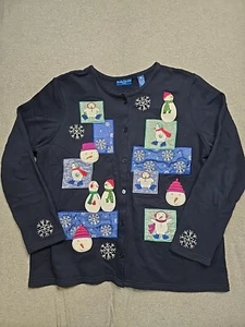 Karen Scott Sport Cardigan Womens Large Black Embroidered Snowmen Snowflakes - Picture 1 of 16