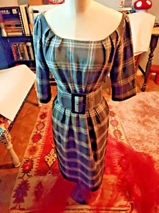 ZARA Woman Small Check Grey Cream Wool Dress Scoop Neck Belt Lined WigglePencil - Picture 1 of 9
