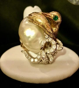 18k TT Gold Diamond 22mm South Sea Pearl Bird Ring Custom One Of A Kind Handmade - Picture 1 of 11