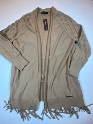 Cárdigan boho Adrienne Vittadini para mujer frente abierto color tostado flecos pequeño NUEVO NUEVO CON ETIQUETAS Foto 1 de 4