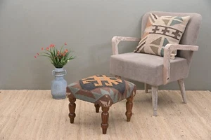 Handcrafted Acacia Wood Stool with Decorative Kilim Upholstery | Elegant Footsto - Picture 1 of 5