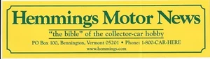 Hemmings Motor News Bumper Sticker 10.5”x3” Decal Collector Cars - Picture 1 of 1