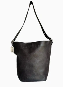 Coach Vintage Rich Black Leather Shoulder Bag Bucket Duffle Distressed Pre-Loved - Picture 1 of 19