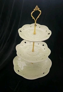 3 Tiered Ceramic Pastry Stand - Pastel Green With Gold Hardware - Picture 1 of 5