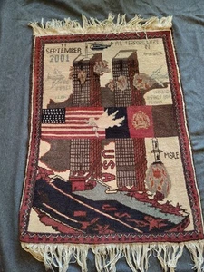 Tappeto vintage guerra afghana 11 settembre 2001 fatto a mano tribale pittorico lana 33x24" - Foto 1 di 11