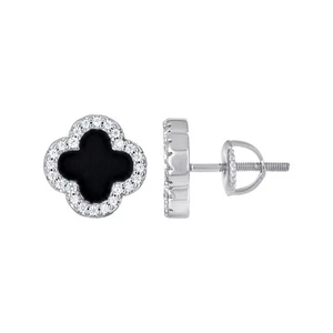925 Sterling Silber Damen CZ Schwarz Kleeblatt Viel Glück Ohrstecker 10 mm - Bild 1 von 2