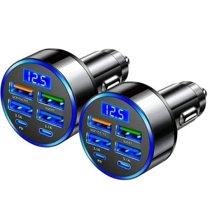 2 Pack 6-Port Car Charger | LED Display Fast USB-C for iPhone/Android 6 In 1 - Picture 1 of 4