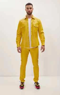 Trousers Leather Lambskin Men's Pant Yellow Genuine Biker Stylish Casual Soft - Image 1 of 4