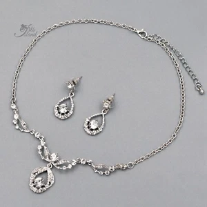 Collar de cristal colgante pendientes mujer boda conjunto de joyas cadena plateada - Imagen 1 de 8