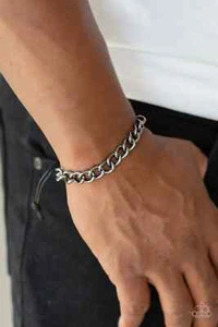 Paparazzi "Sideline" Black Corded & Gunmetal Chain Mens Bracelet - Picture 1 of 3