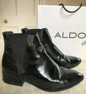ALDO UK 7 Gaudet Black Gloss Patent Leather Chelsea Ankle Boots 3.5cm Block Heel - Picture 1 of 12