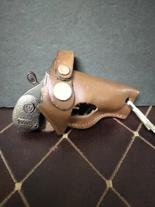 VINTAGE Keychain with Leather Holster & Tiny Faux Pistole - Picture 1 of 6