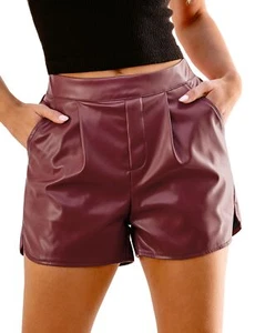 Faux Leather Shorts for Women High Wasited Pull On Pleated Side Slit Pleather... - Picture 1 of 7
