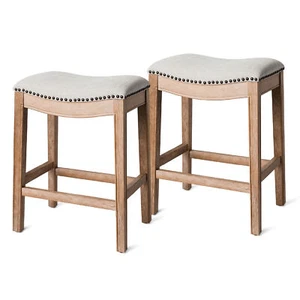 Maven Lane Adrien Counter Stool in Weathered Oak w/ Sand Upholstery, Set of 2 - Picture 1 of 6