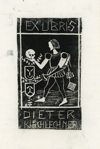 Ex Libris Kirchlechner Dieter Ritter Schwert Totenschädel Holzschnitt um 1960 - Imagen 1 de 2