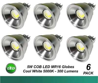 6 x LED Downlight Globes Bulbs Lamps 5W MR16 12V AC / DC Cool White 5000K - Image 1 of 4