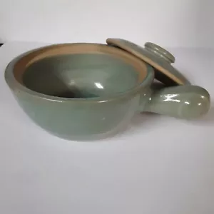 Soup Bowl With Lid And Handle 5 In Wide 3 In Tall Blue Green Pottery Made In USA - Picture 1 of 9