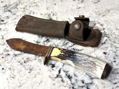 SCHRADE 497 Fixed Blade Knife Stagalon Handle Brass Bolsters Orig. Sheath ROUGH! - Image 1 of 4