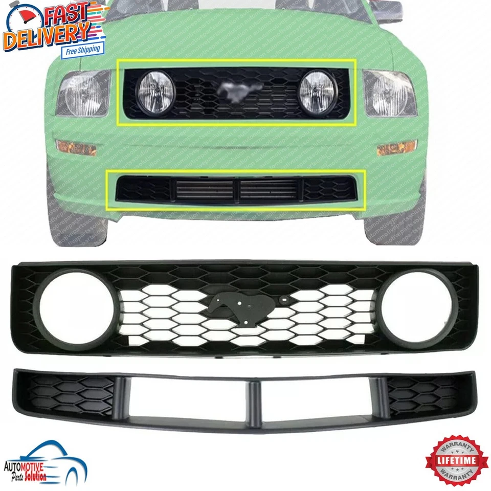 NEW FRONT BUMPER UPPER LOWER GRILLE BLACK PLASTIC 2PC FOR 2005-2009 FORD MUSTANG Foto 1 de 4