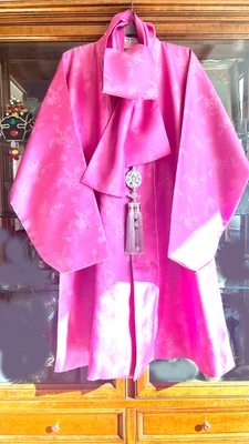 Conjunto de Abrigo Durumagi Vintage Tradicional Coreano Hanbok Vestido Seda-Bata Rosa y Bufanda Foto 1 de 4