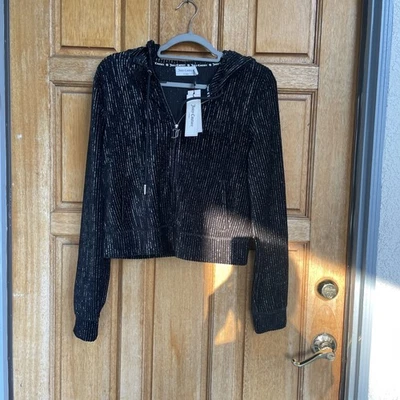 Sudadera con Capucha Juicy Couture Velour Metalizada Negra Plateada Rayas L Foto 1 de 4
