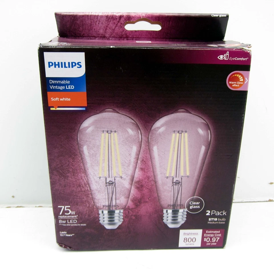 Paquete de 2 bombillas LED vintage Philips 75W ST19 8 W Edison regulables blancas suaves Foto 1 de 1