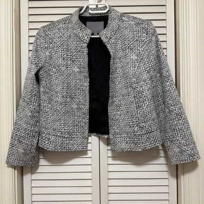 Blazer Classiques Entier Chaqueta Mujer Mediana Negro Blanco Texturizado Frente Abierto Foto 1 de 4