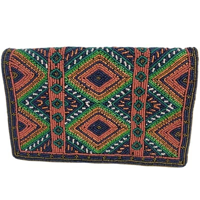La Sera by Franchi Beaded Boho Envelope Clutch Crossbody Gold Chain Navy Lioness - Image 1 of 4